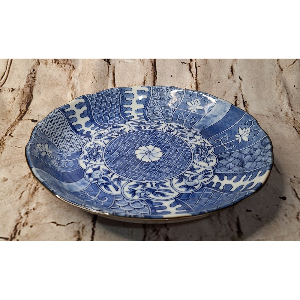 Japanese 10" Imari Blue White Porcelain Scalloped Bowl Bird Floral Hand Painted